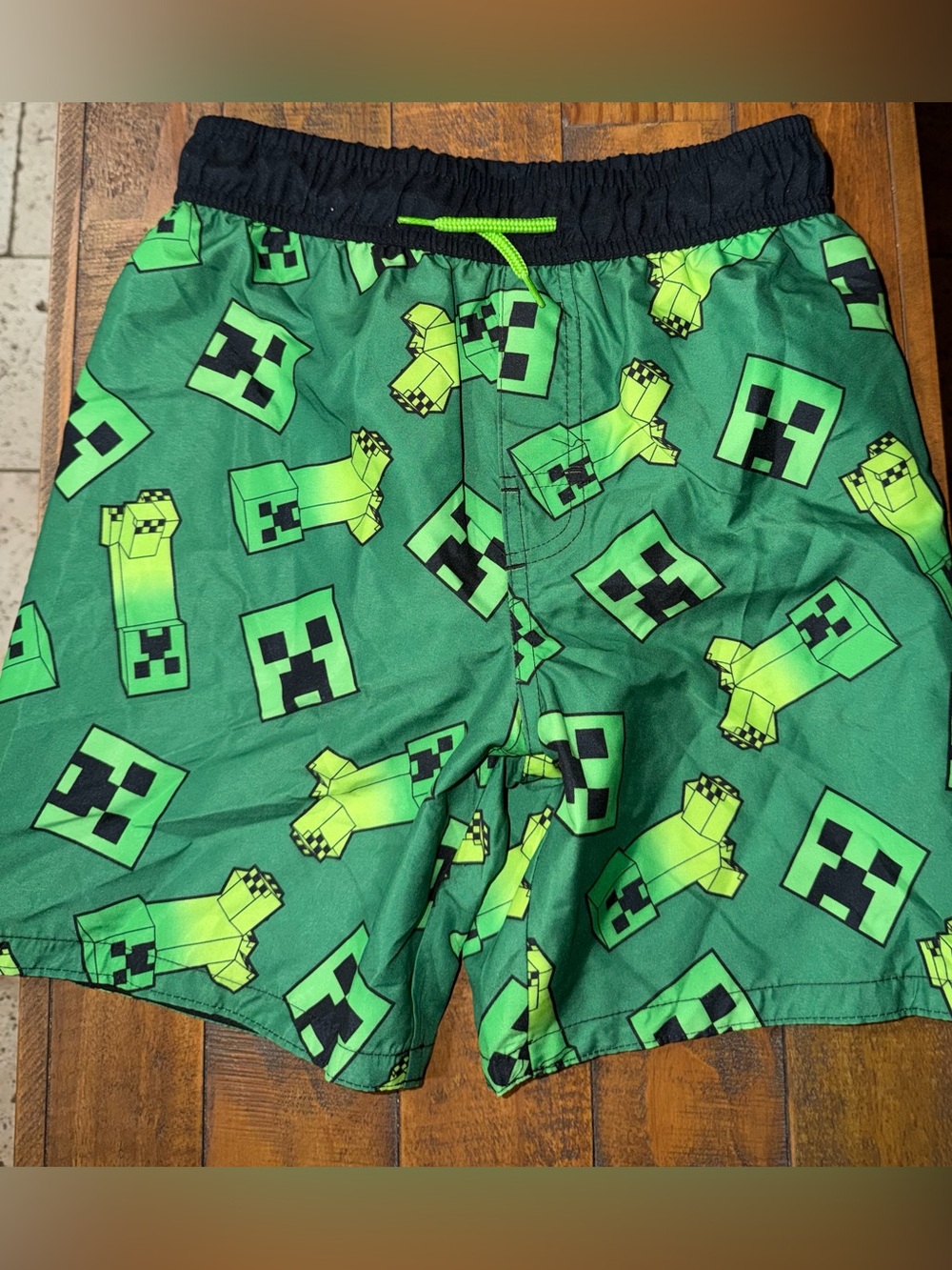 Kids Green Minecraft Creeper Swim Trunks